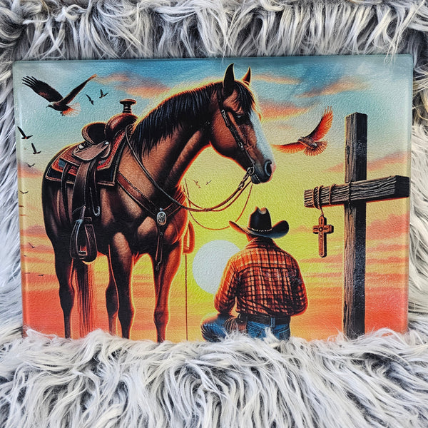 Lg. Praying Cowboy Sunset Glass Board