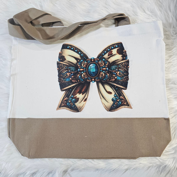 Cowprint & Turquoise Bow Large Tote
