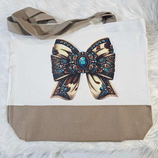 “Cowprint & Turquoise Bow” Large Canvas Tote