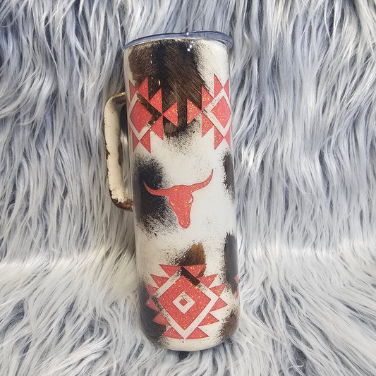 20 oz Epoxy Tumbler with Handle – Tri-Color Cowhide & Coral Aztec Glow