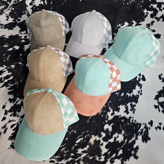 Vegan Suede Checkered Mesh Snapback Baseball Cap
