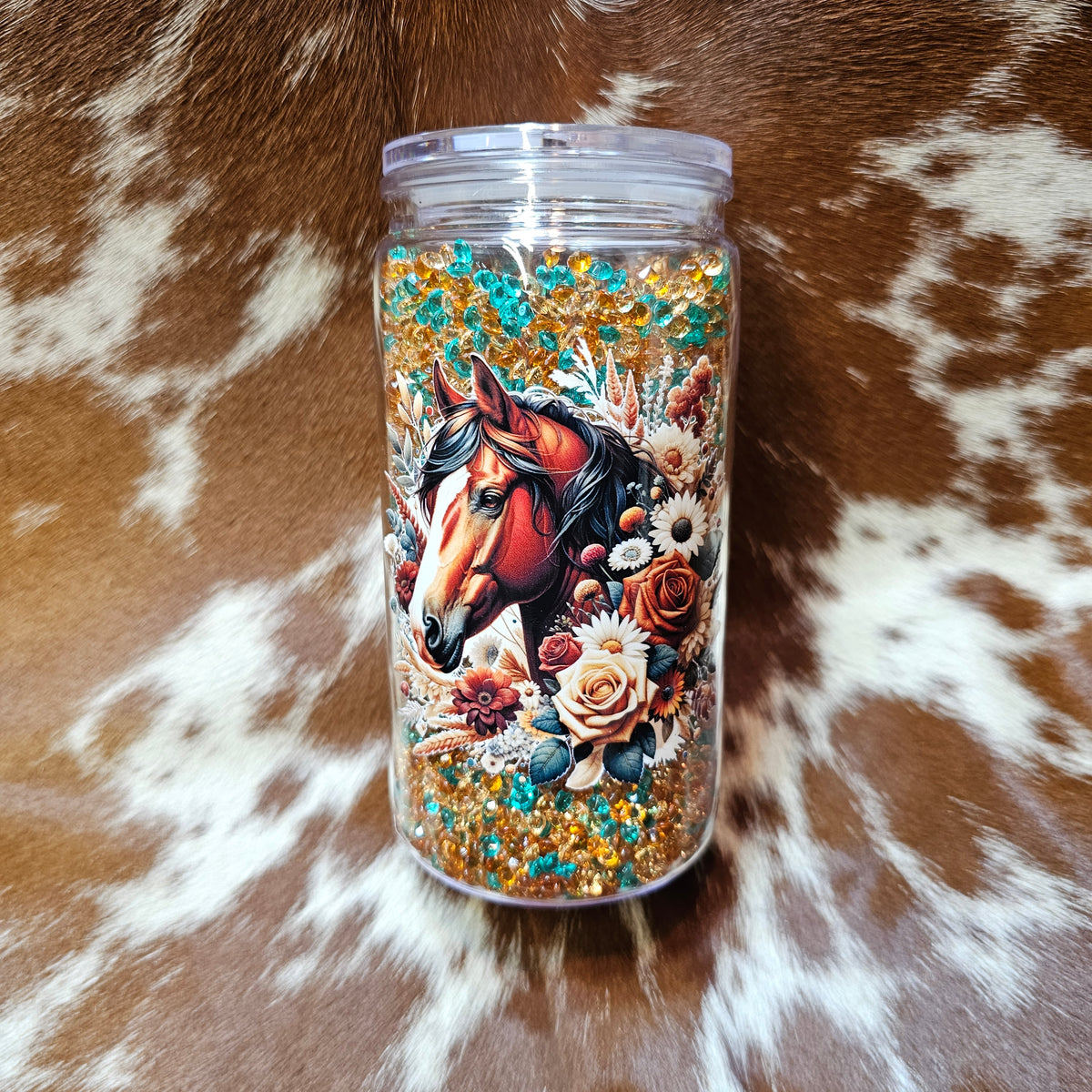 Floral Horse Rhinestone Tumbler