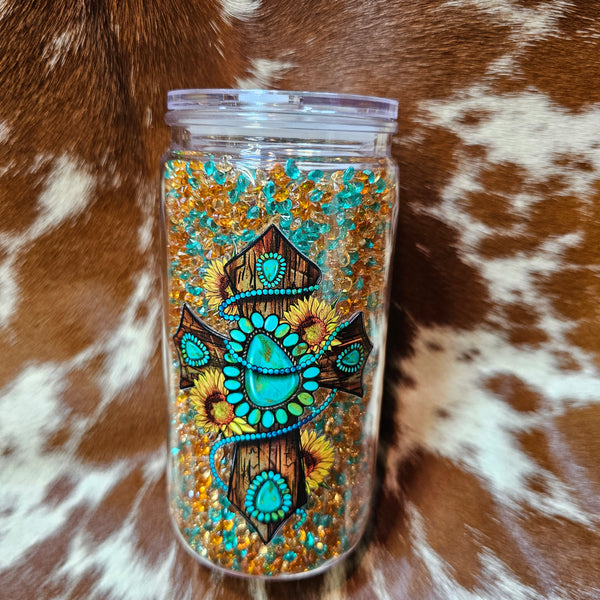 Turquoise Cross Sunflower Rhinestone Tumbler