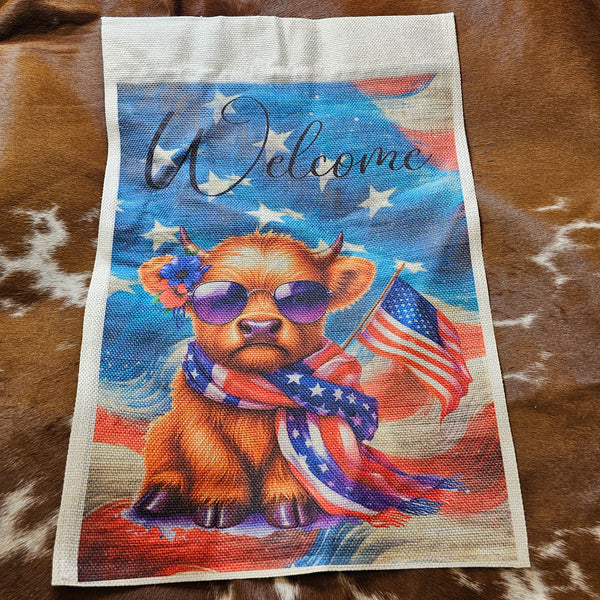 Welcome Patriotic Highland Calf Flag
