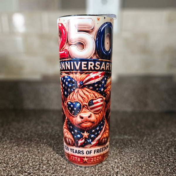 "250th Anniversary" Heart-Glasses Highland Cow 20oz Glow Tumbler