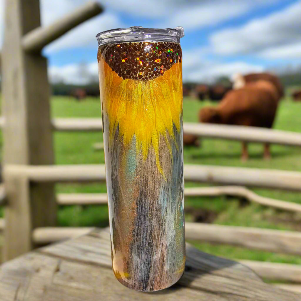 30 oz tumbler with hand-painted patina sunflower design