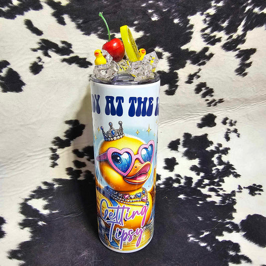 White tumbler with “Gettin’ Tipsy” text and funny wine design