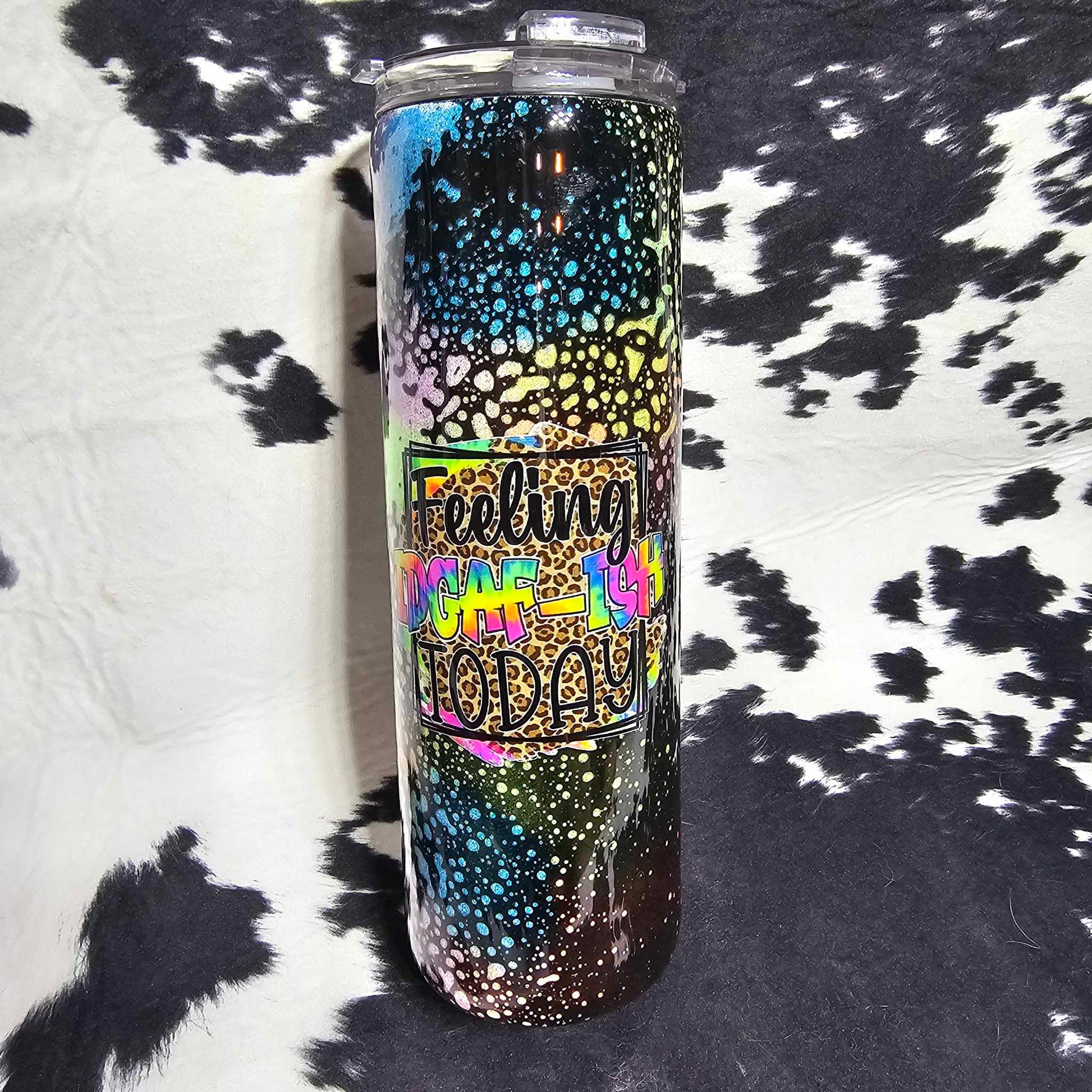 IDGAF neon powerwash tumbler with bold colors and lettering