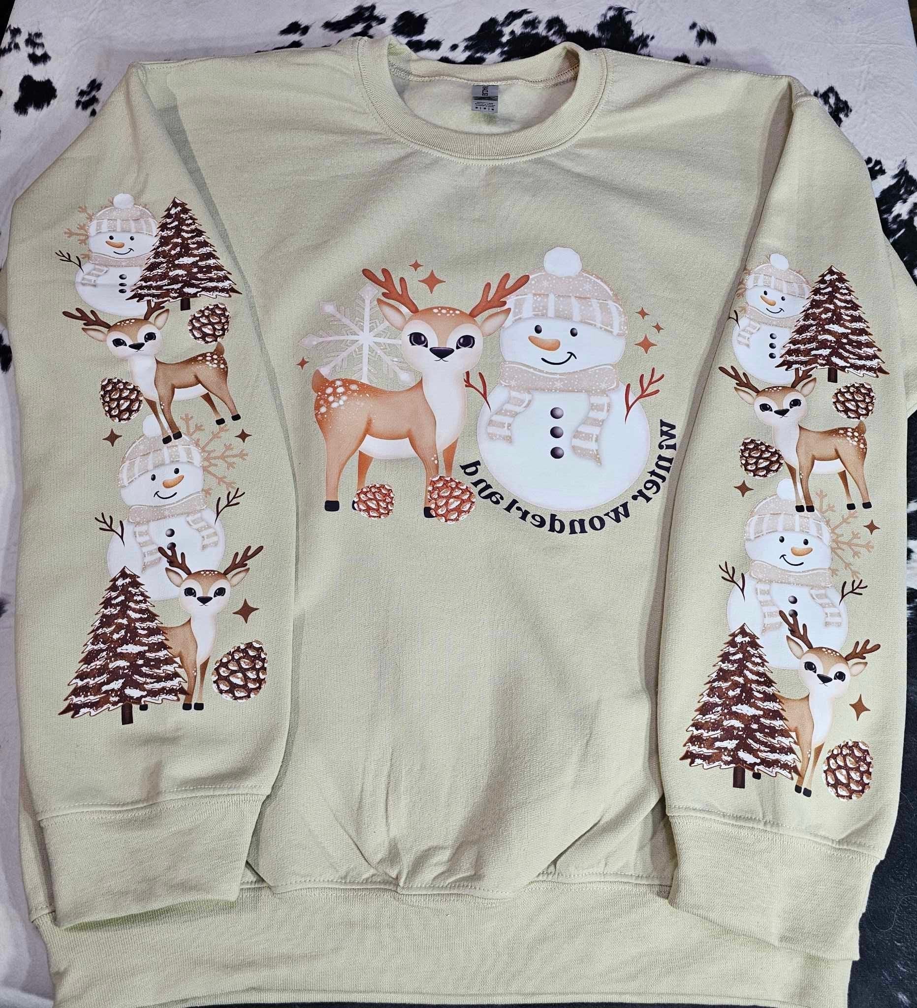 Crewneck sweatshirt with deer and snowman holiday design