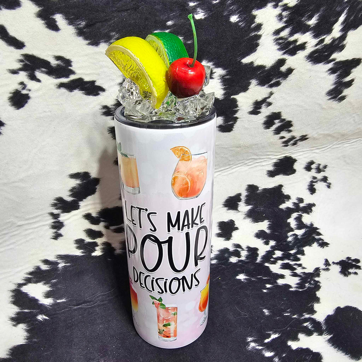 20 oz tumbler with “Make Pour Decisions” wine-themed design