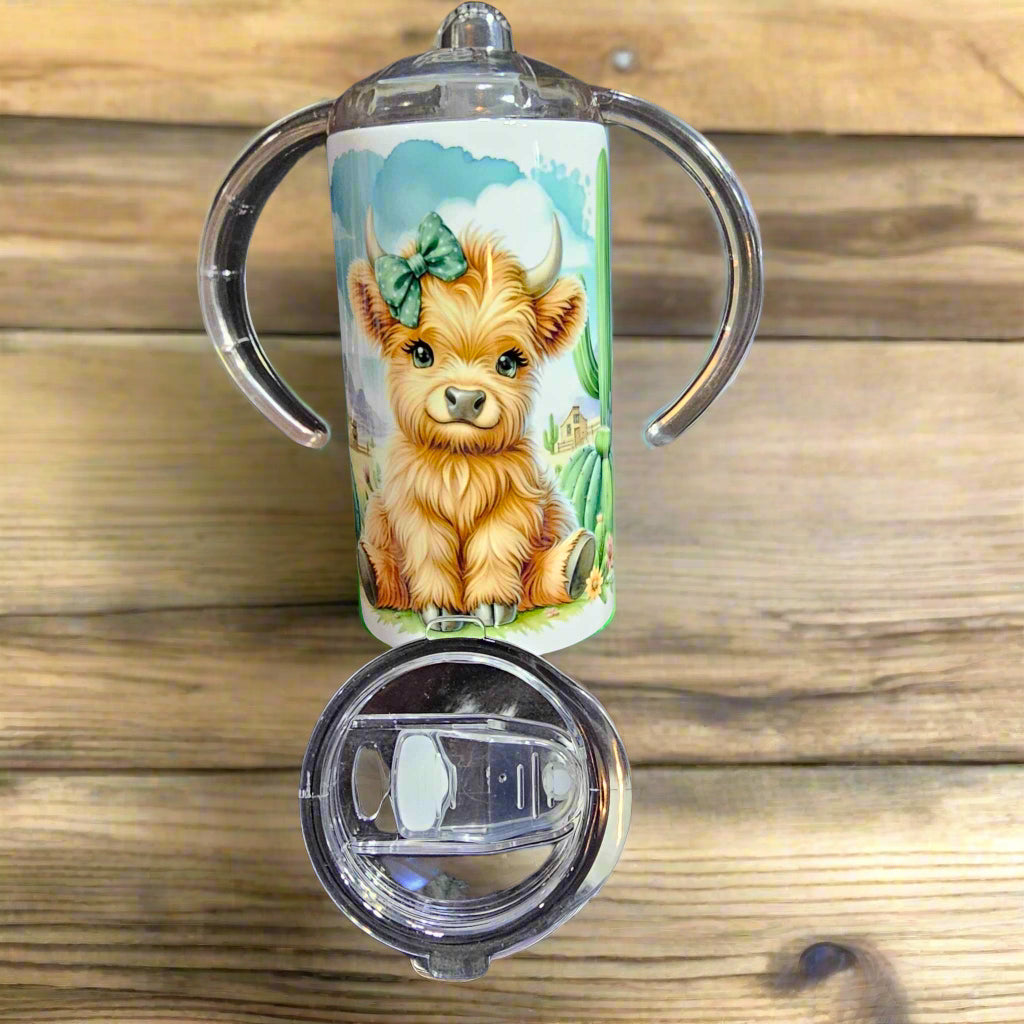 12 oz stainless sippy duo with highland calf design