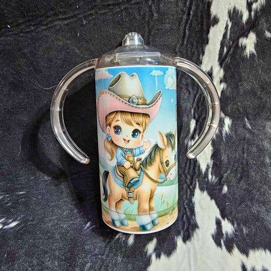 12 oz stainless steel sippy cup with cowgirl print