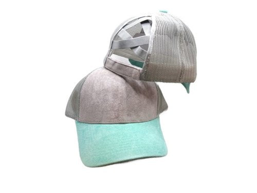 Vegan Suede Ponytail Cap with Mesh Back & Velcro Closure