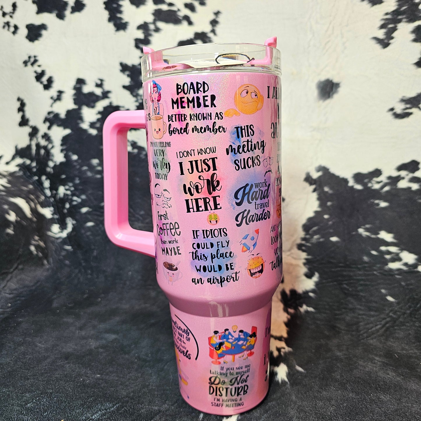 40 oz Work Excuse Pink Shimmer Tumbler – Desk Job Survival Cup