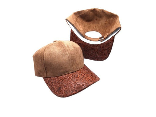 Faux Leather Brim Vegan Suede Baseball Cap