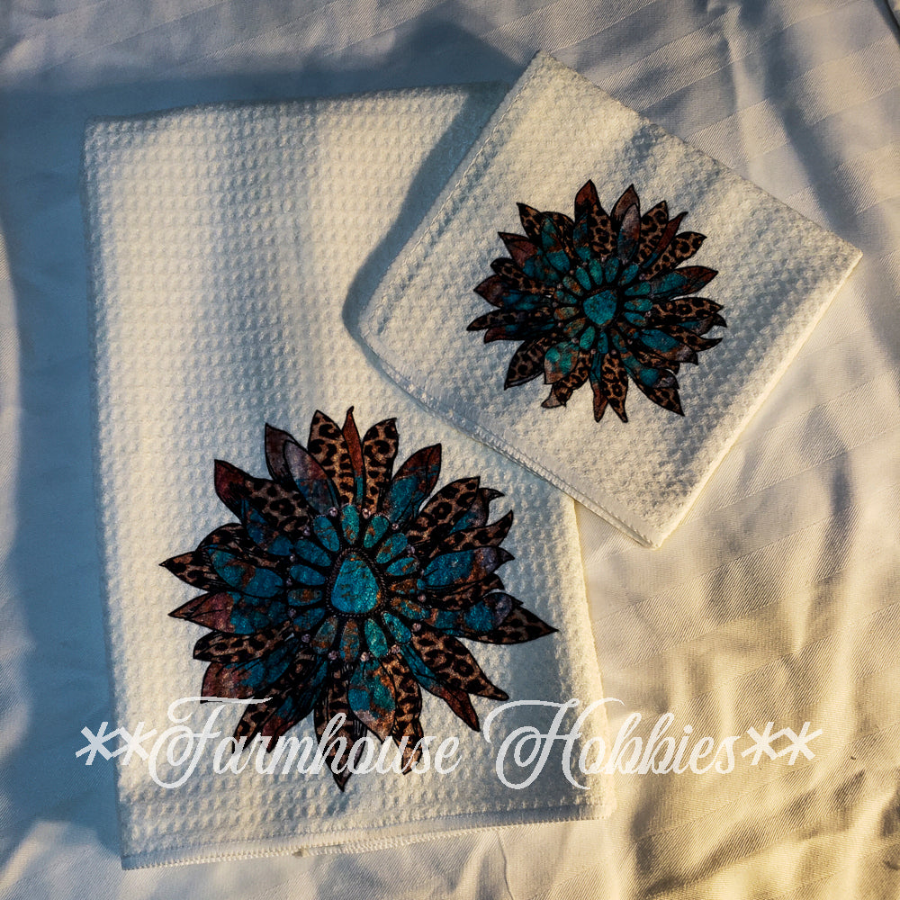 Towel/Wash Cloth Set - Turquoise Sunflower Home Decor/Accessories Farmhouse Hobbies   